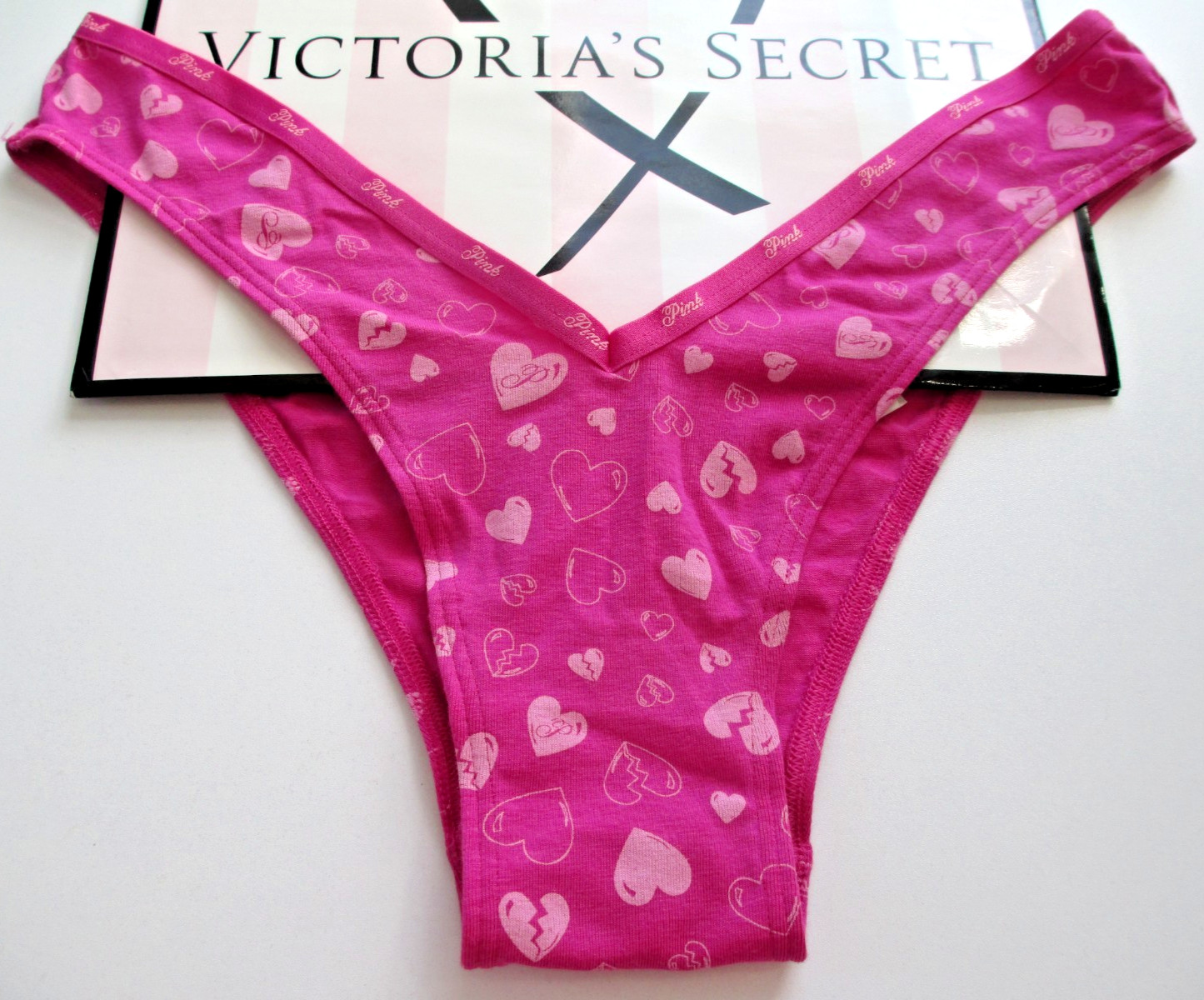 VICTORIA’S SECRET PINK Cotton Tanga High Leg Cheeky Panty M L XL Pink Hearts NWT