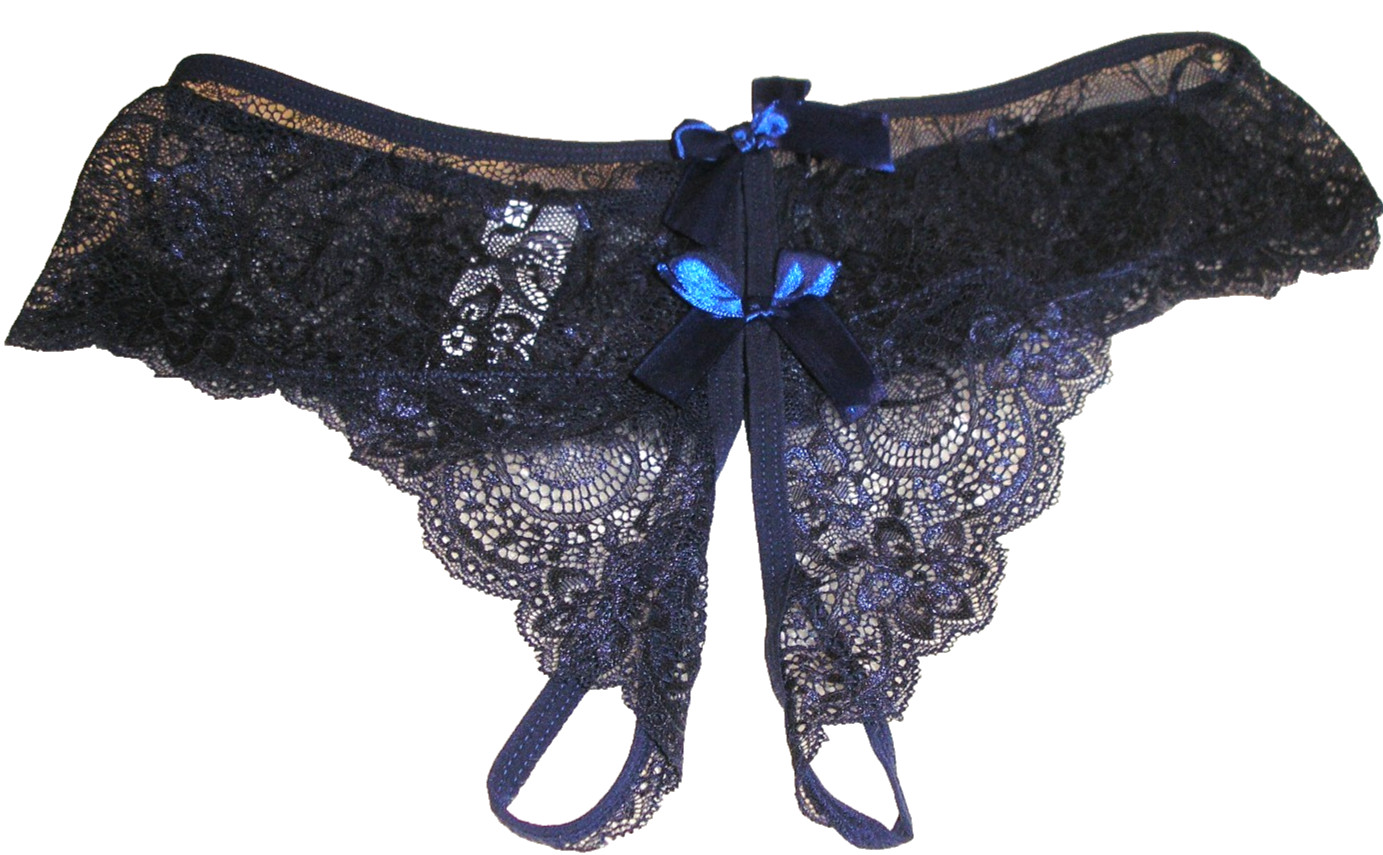 Panties Lingerie Bow Front & Back Dark Blue Lace Crotchless, 3XL Adult Gift