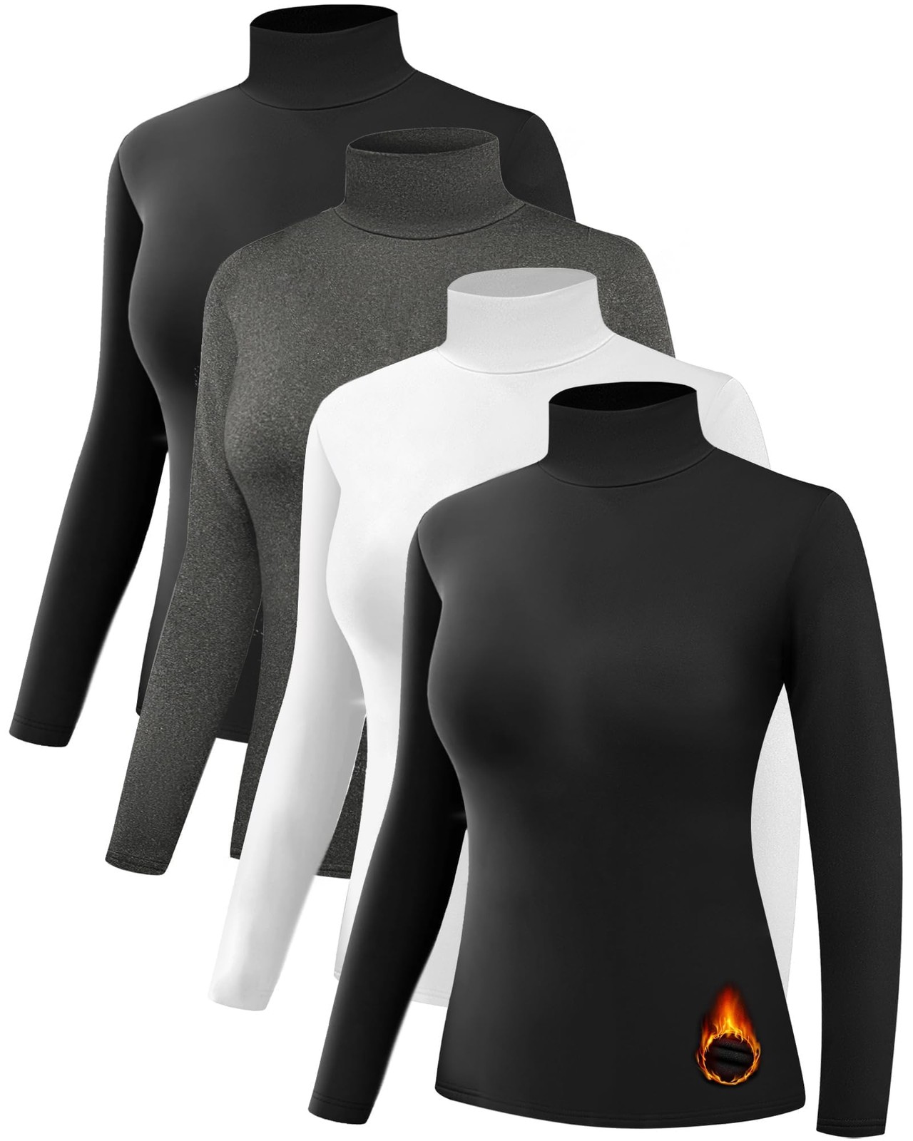 4 Pack Women’s Thermal Turtleneck Shirts, Women Turtle Neck Fleece Lined Comp…