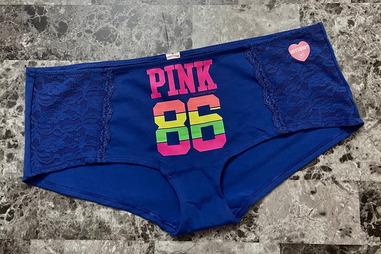 NWT VICTORIA’S SECRET PINK L BLUE NEON LOGO LACE VINTAGE RARE BOYSHORT PANTIES