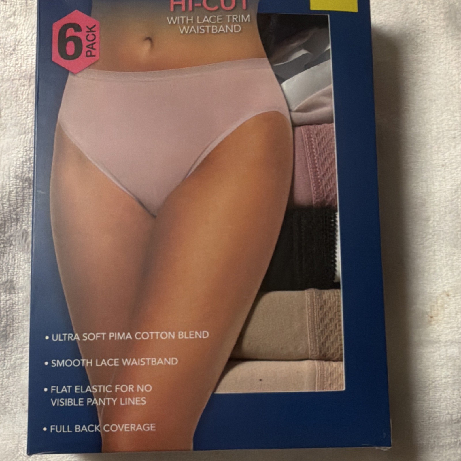 Felina Pima Cotton Blend Hi-Cut Panties 6 Pack S Lace Trim Waistband