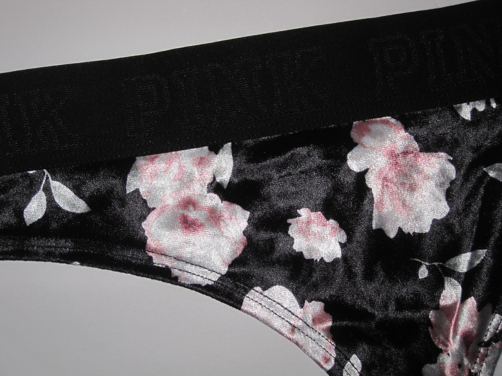 VICTORIA’S SECRET PINK FLORAL ROSE CRUSHED VELVET VELOUR MESH RARE THONG PANTIES