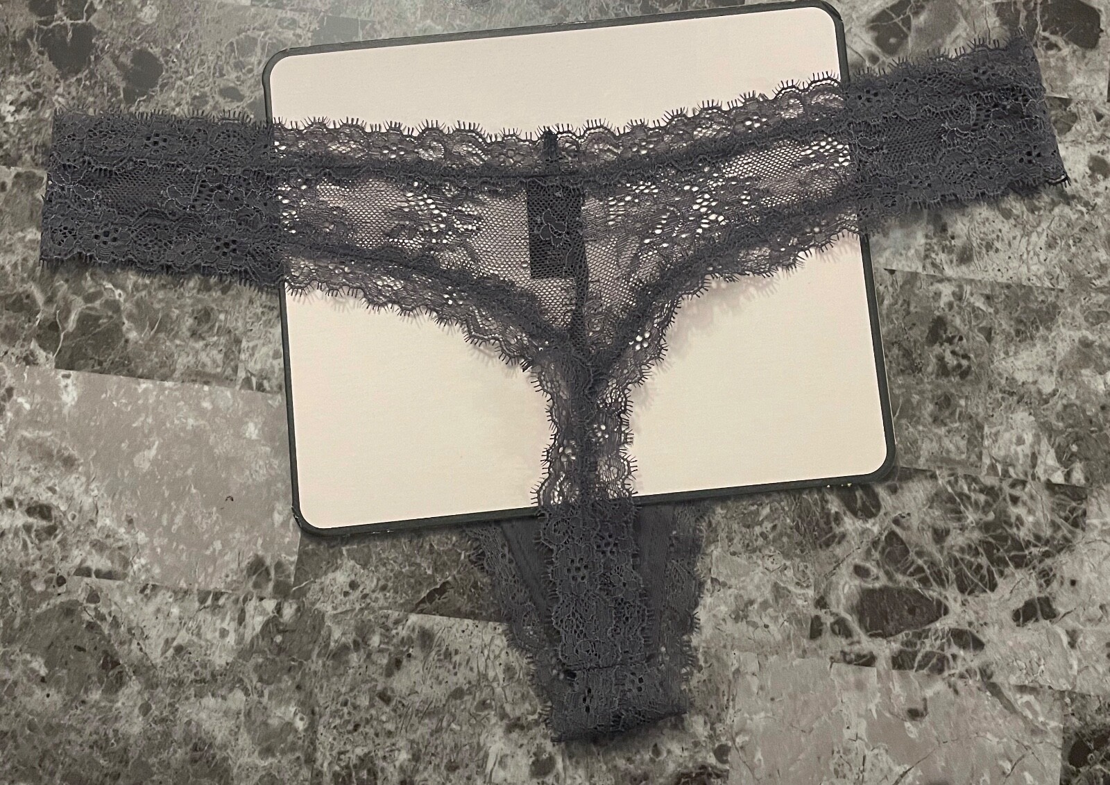 NWOT VICTORIA’S SECRET LARGE GRAY SATINY SMOOTH LACE BOW RARE THONG PANTIES