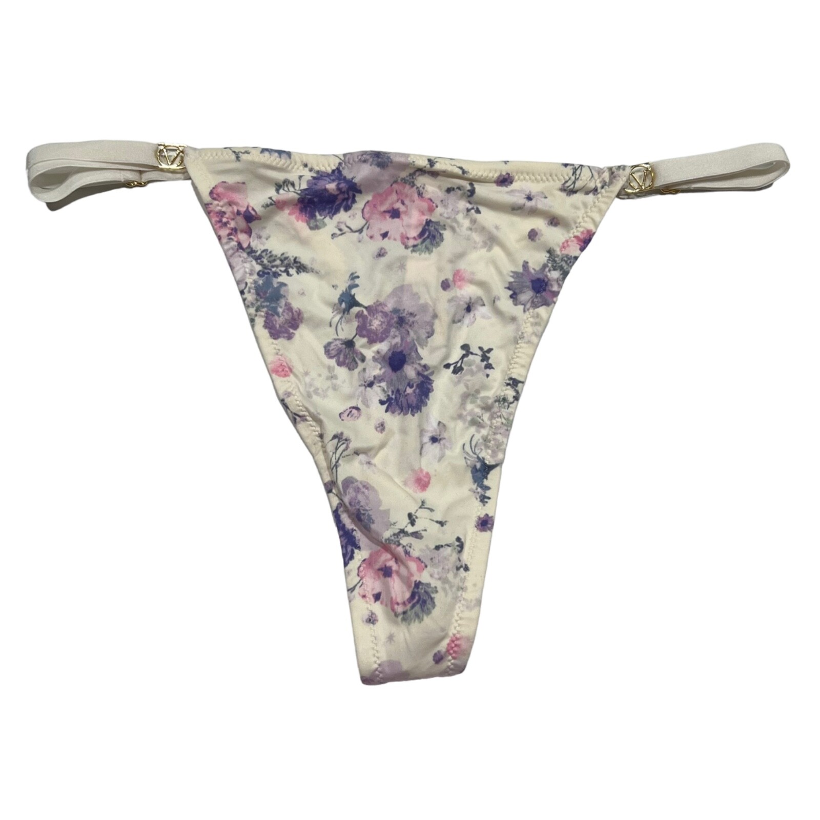 NWT VICTORIA’S SECRET Very Sexy Thong Sz XL Ivory Pink Purple Silky Floral