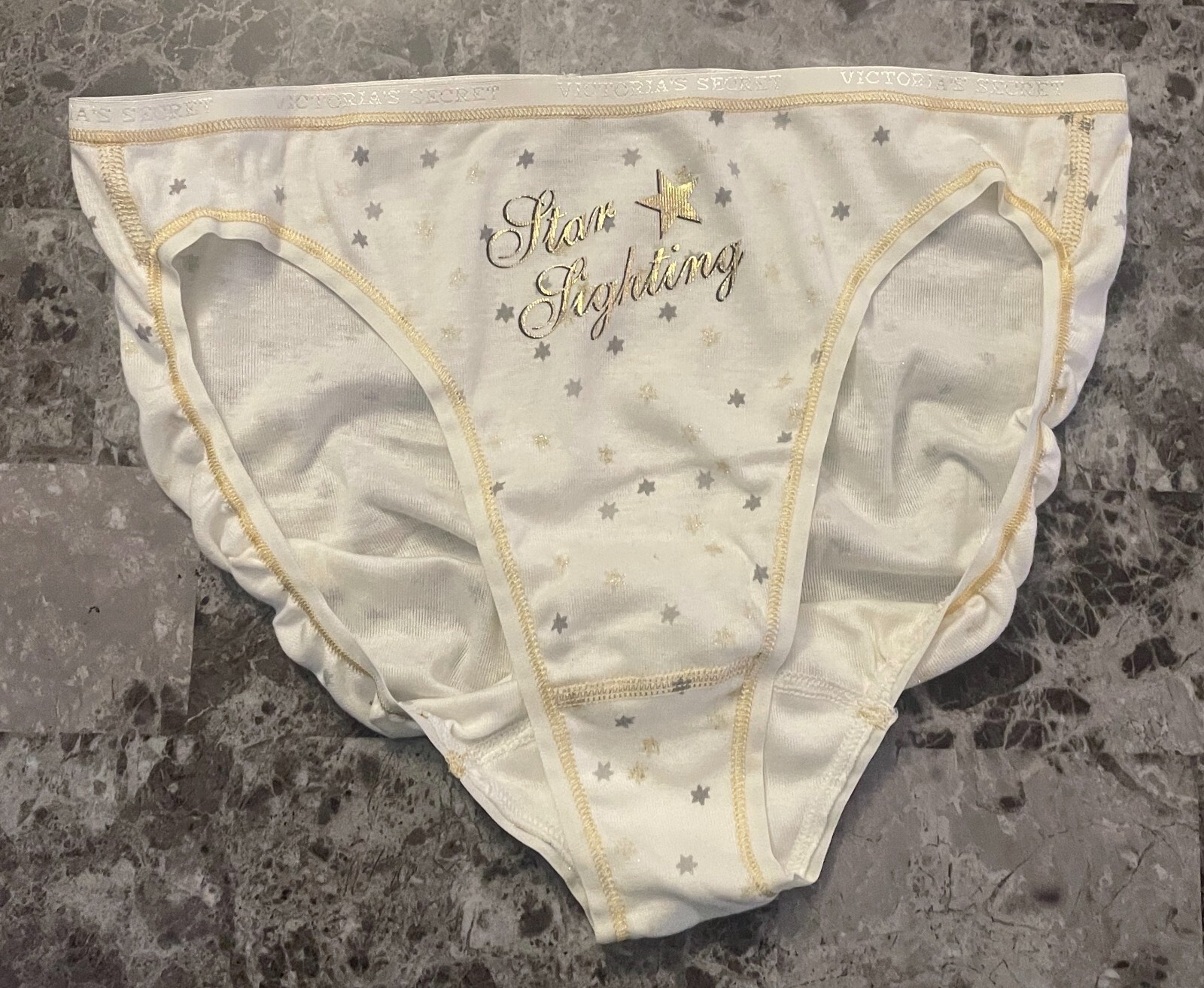 NWOT VICTORIA’S SECRET XL GOLD GRAY STAR 100% COTTON VINTAGE RARE BIKINI PANTIES