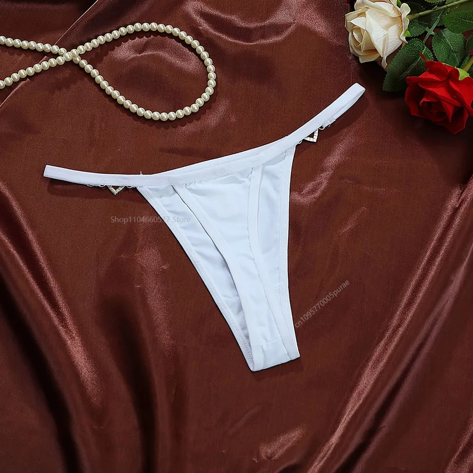 Solid Thong Panties Low Rise Heart Rhinestone Link Stretch Soft Lingerie Women