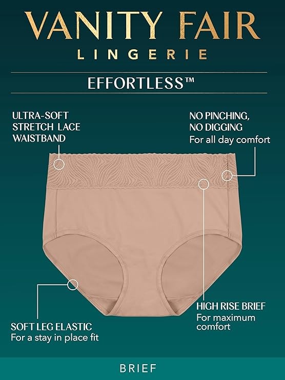 3 Pack Vanity Fair Women’s Effortless Lace Brief Panty 13276 Black/White/Beige