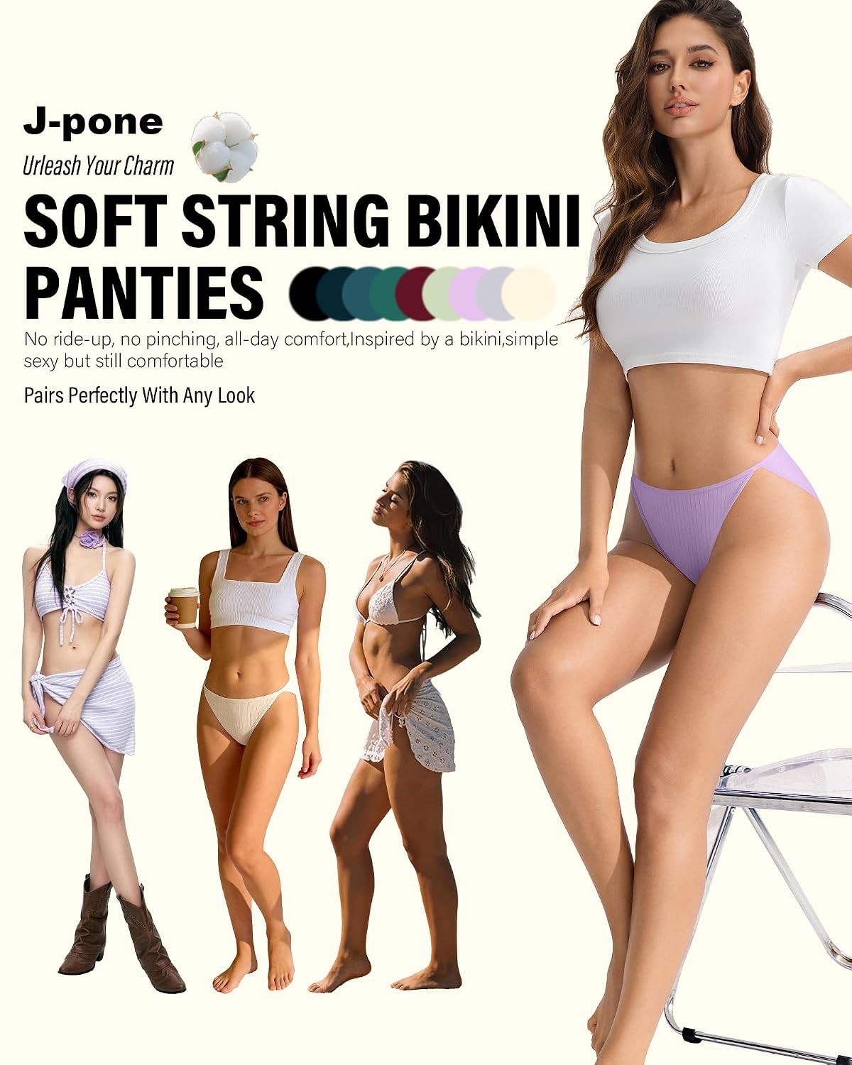 Cotton Women’s High Cut String Bikini Panties 9 Pack Multicolor Large Women’s