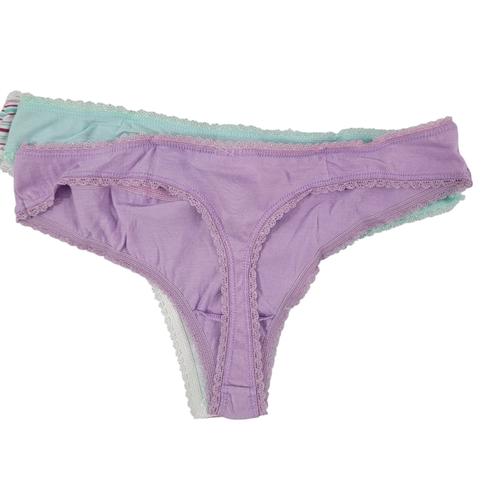 Secret Treasures Women’s 3 Pack Cotton Blend Lace Trim Thong Panties – Small
