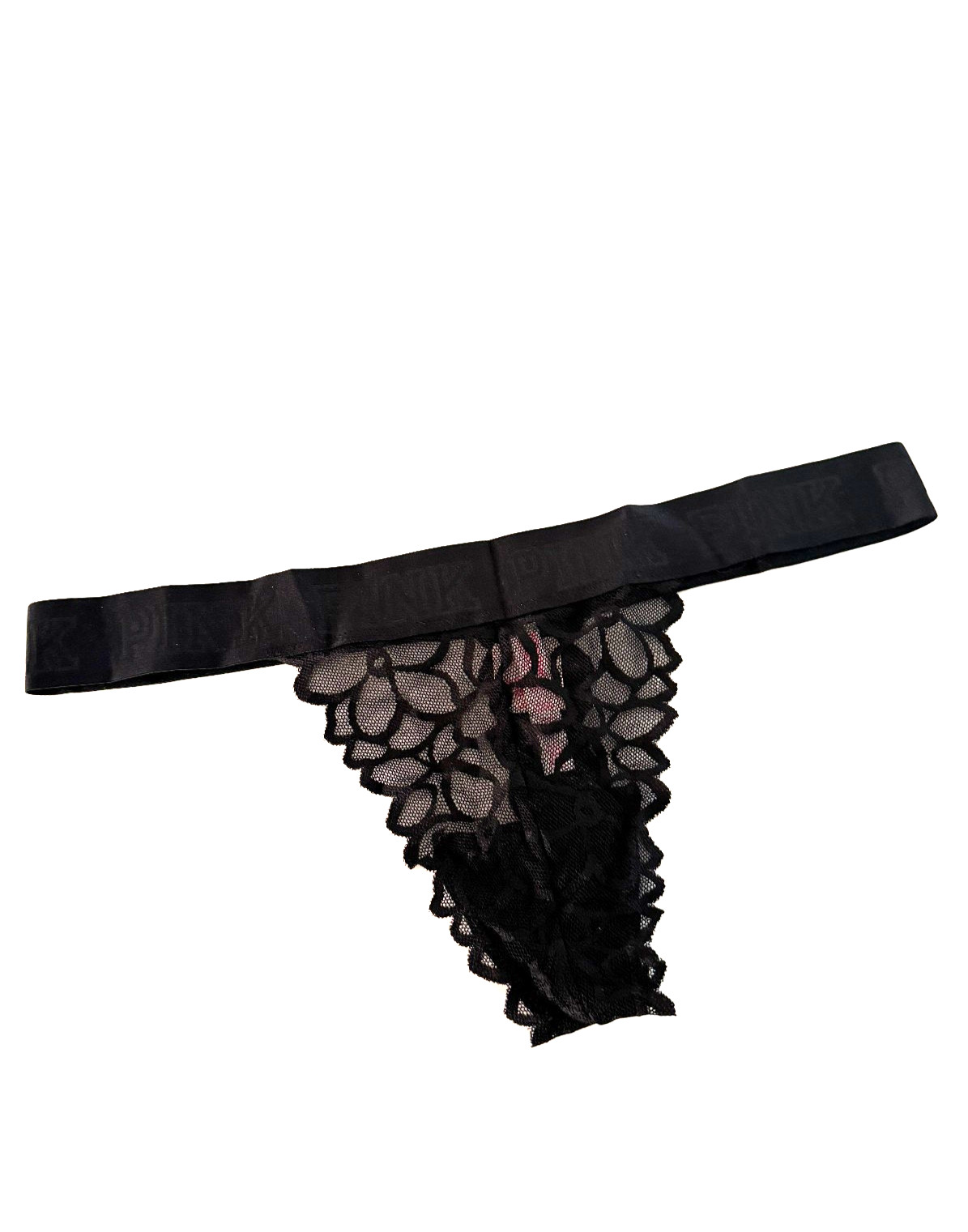 Victoria’s Secret PINK Logo Elastic Lace Thong Panty Pure Black