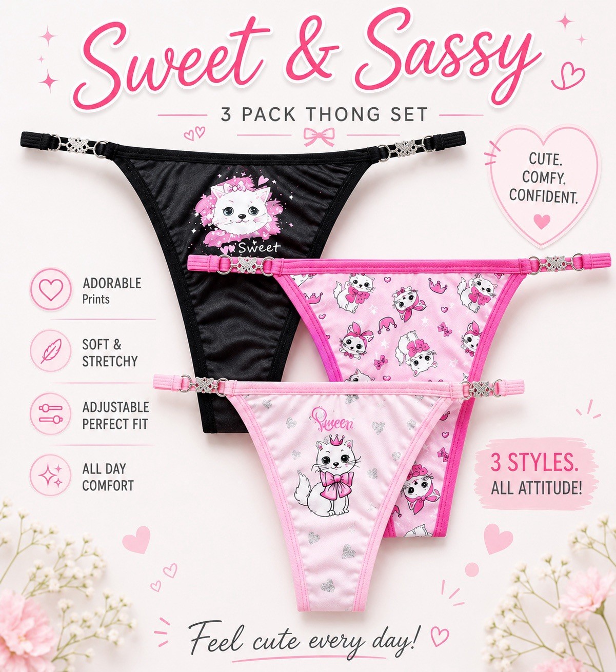 Women’s Teens Princess Kitty Kawaii Butterfly Charm Thong Pink Black White 3pk M