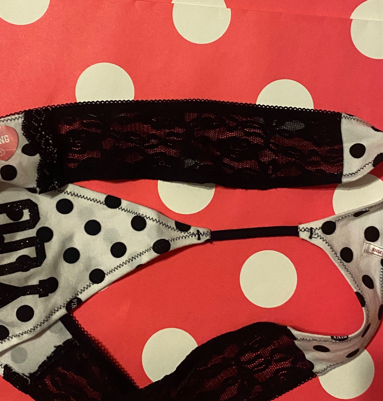 Victoria’s Secret Pink 2011 Y2K I Love You Lace Side Thong dot L Panty Vtg