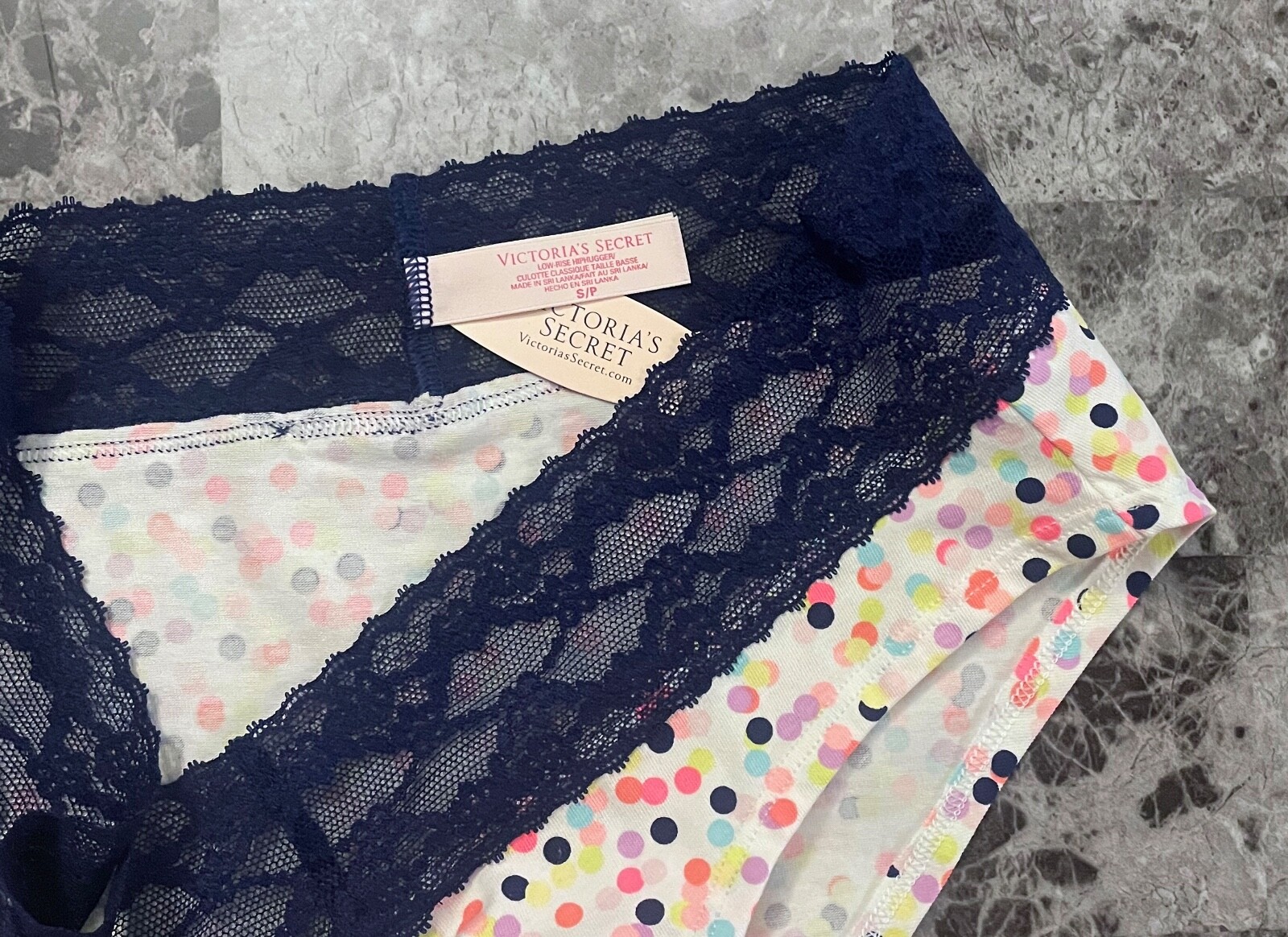 NWT VICTORIA’S SECRET S PINK AQUA POLKA DOT NAVY BUE LACE RARE HIPHUGGER PANTIES