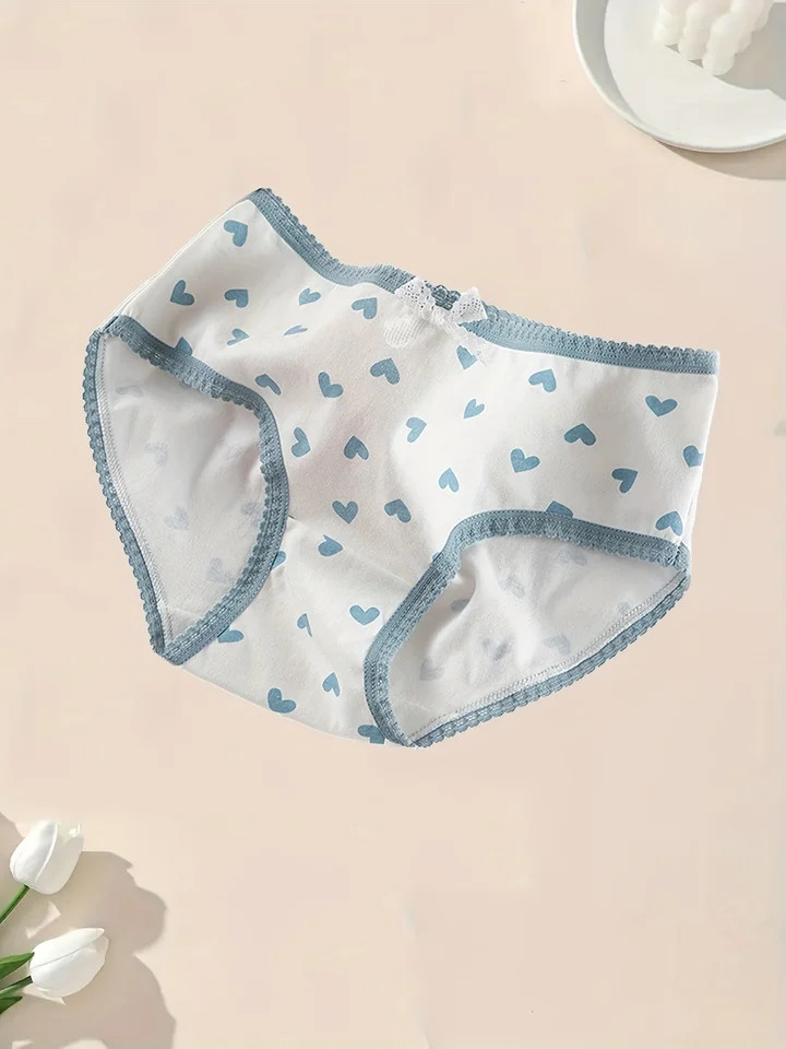 Cotton Brief Panties Heart Print Womens Soft Breathable Underwear 5 Pcs