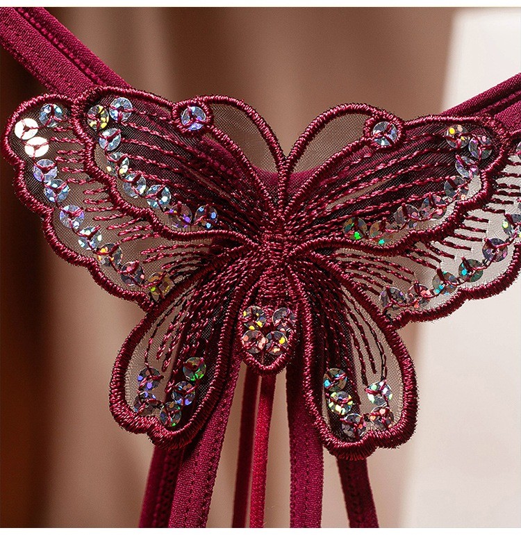 Sexy Crotchless Thong Panties Sequin Embroidered Pearl Massage Erotic Underwear