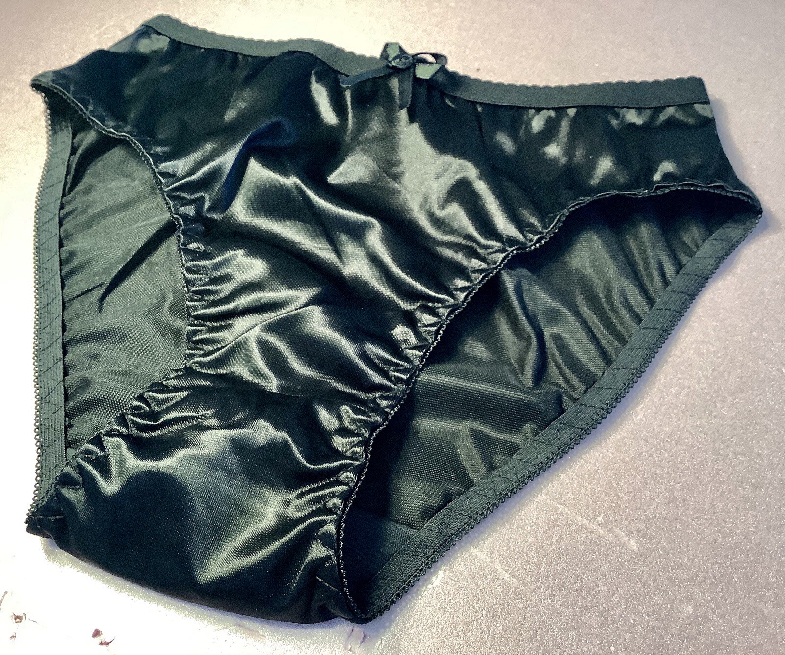Women Panties Bikinis ANN DIANE Size XL. Black Shiny Satin Soft W/decoration