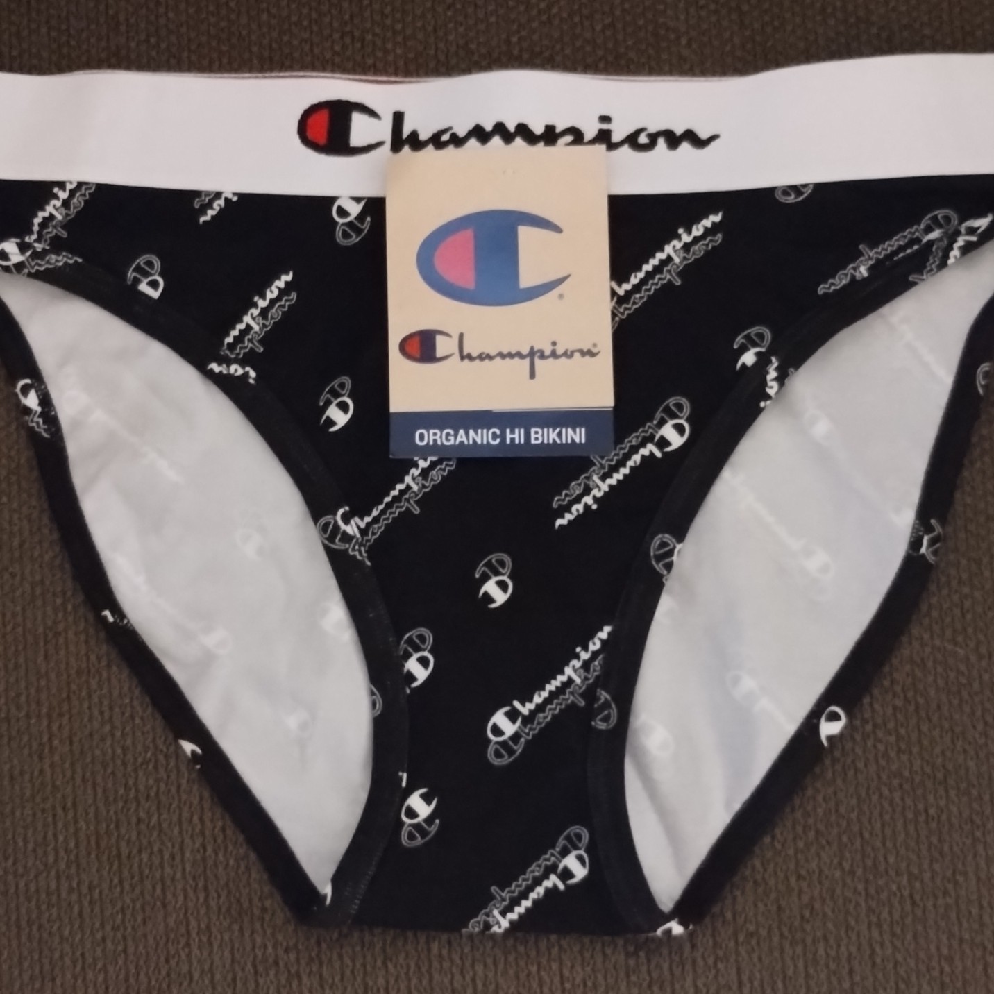 Champion Bikini Panties Organic Cotton Black High Waisted High Leg Logo Waist
