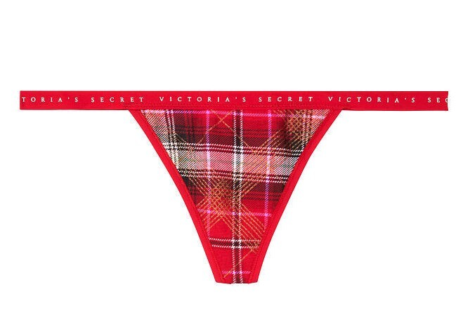 Large Red GOLD Glitter Plaid V-String LOGO Victorias Secret Thong Holiday Pantie