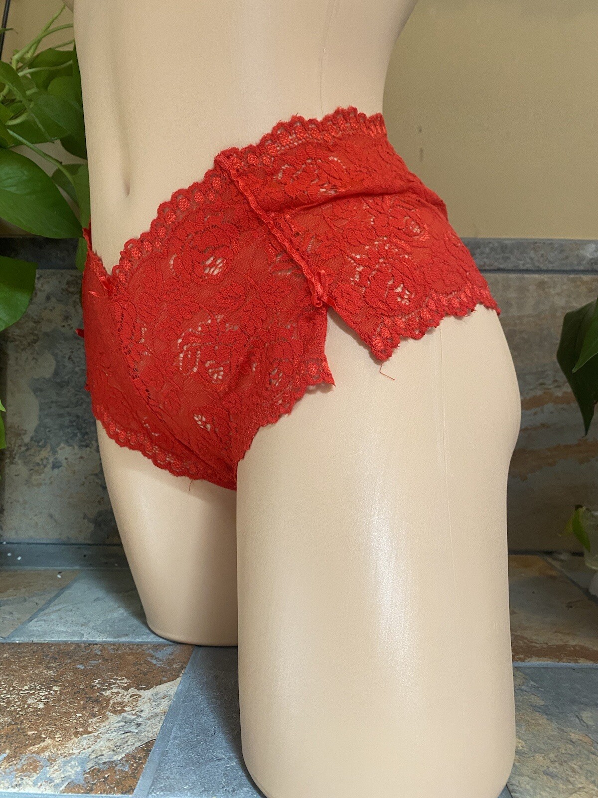 Woman’s Cheeky Lowrise Boyshort Tanga Thong Red Lace Stretchy Small NWOT