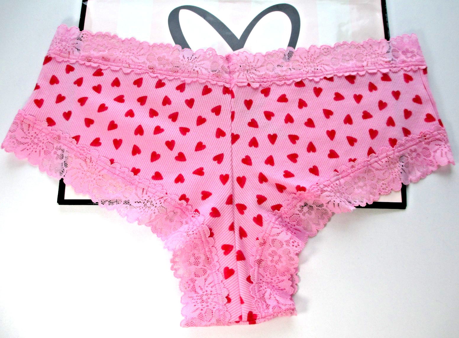 VICTORIA’S SECRET PINK Cotton Cheeky Panty M L Pink Red Hearts NWT Lace Trim VS