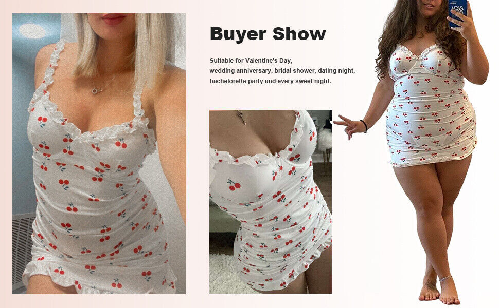 Women Sexy Lingerie Sleepwear Babydoll Underwear Cherry Dress G-String Nightwear