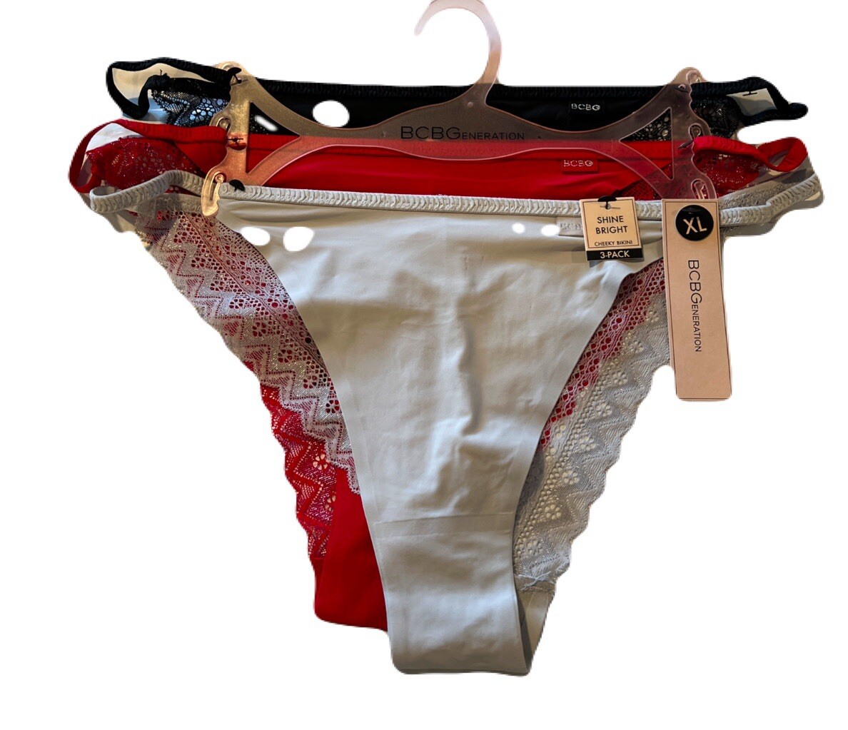 BCBG 3 Pack Women’s XL Back Lace Cheeky Bikini Panties Gray Red Black