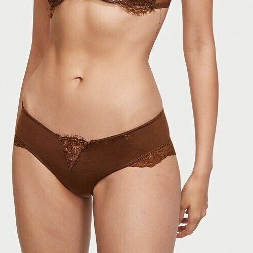 Victorias Secret Dark Brown Micro Shimmer Lace Inset Cheeky Panty XL Silky Body