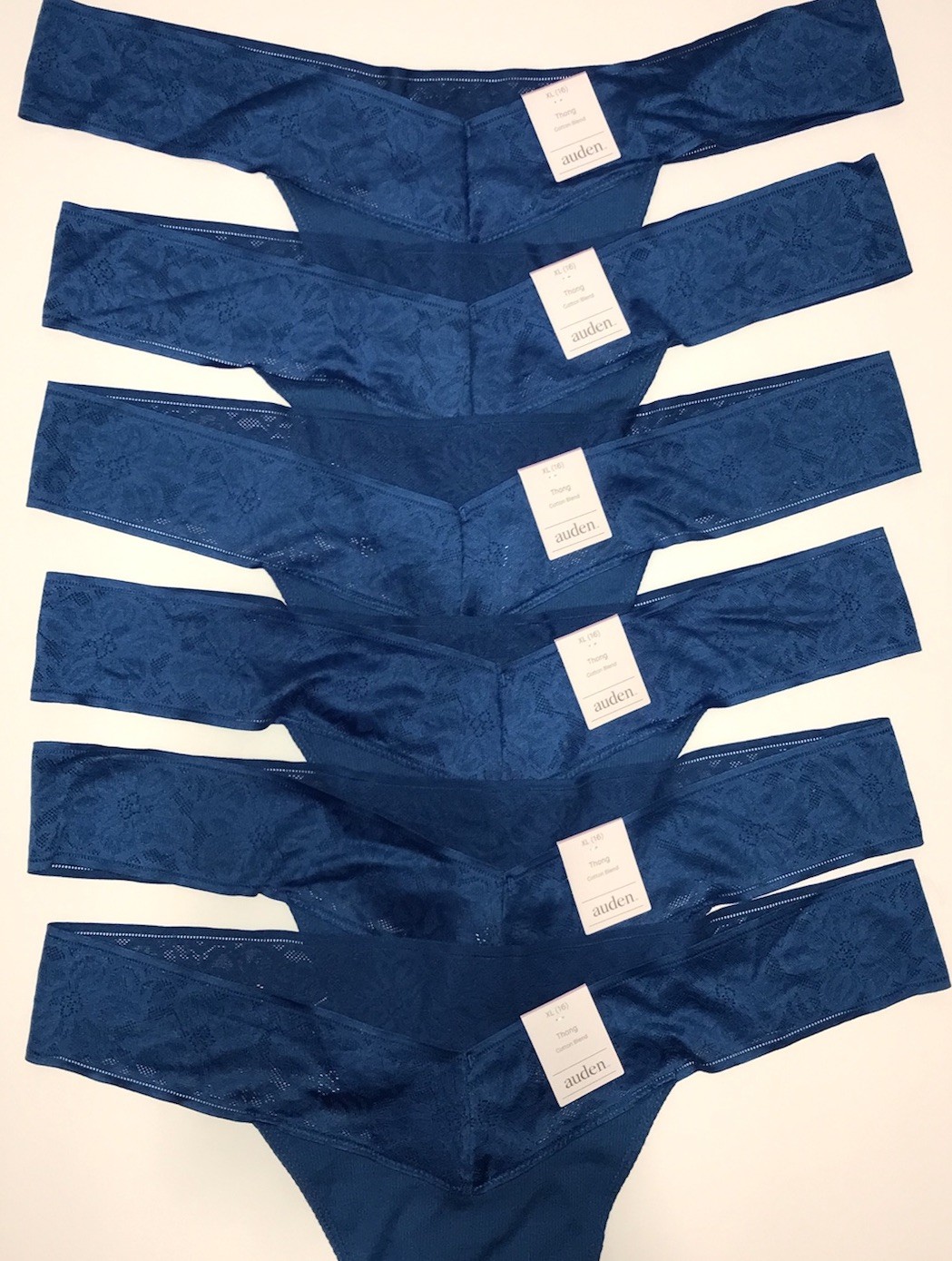 Set of 6 AUDEN Cotton Blend Ribbed Thongs XL 16, Lace, Teal Blue