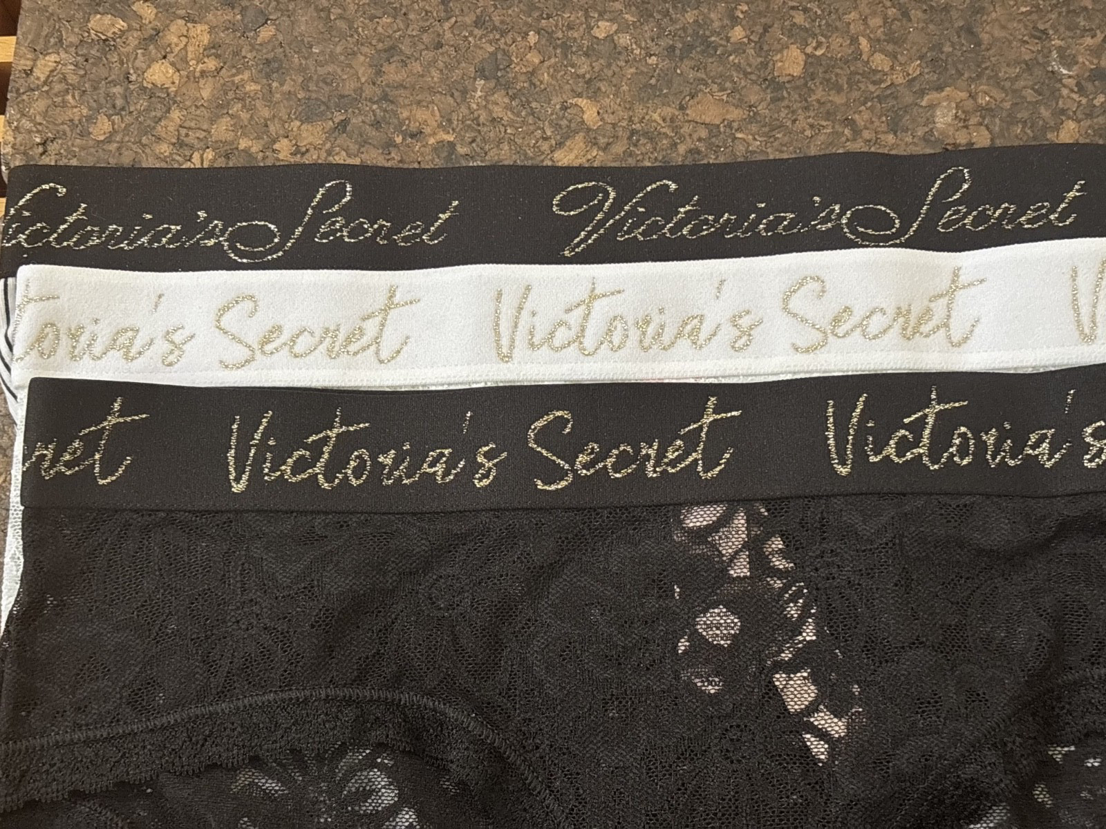 3 VS NWT Medium Rare Logo Lace Hiphugger Panties Black White Gold Premium Indiv.