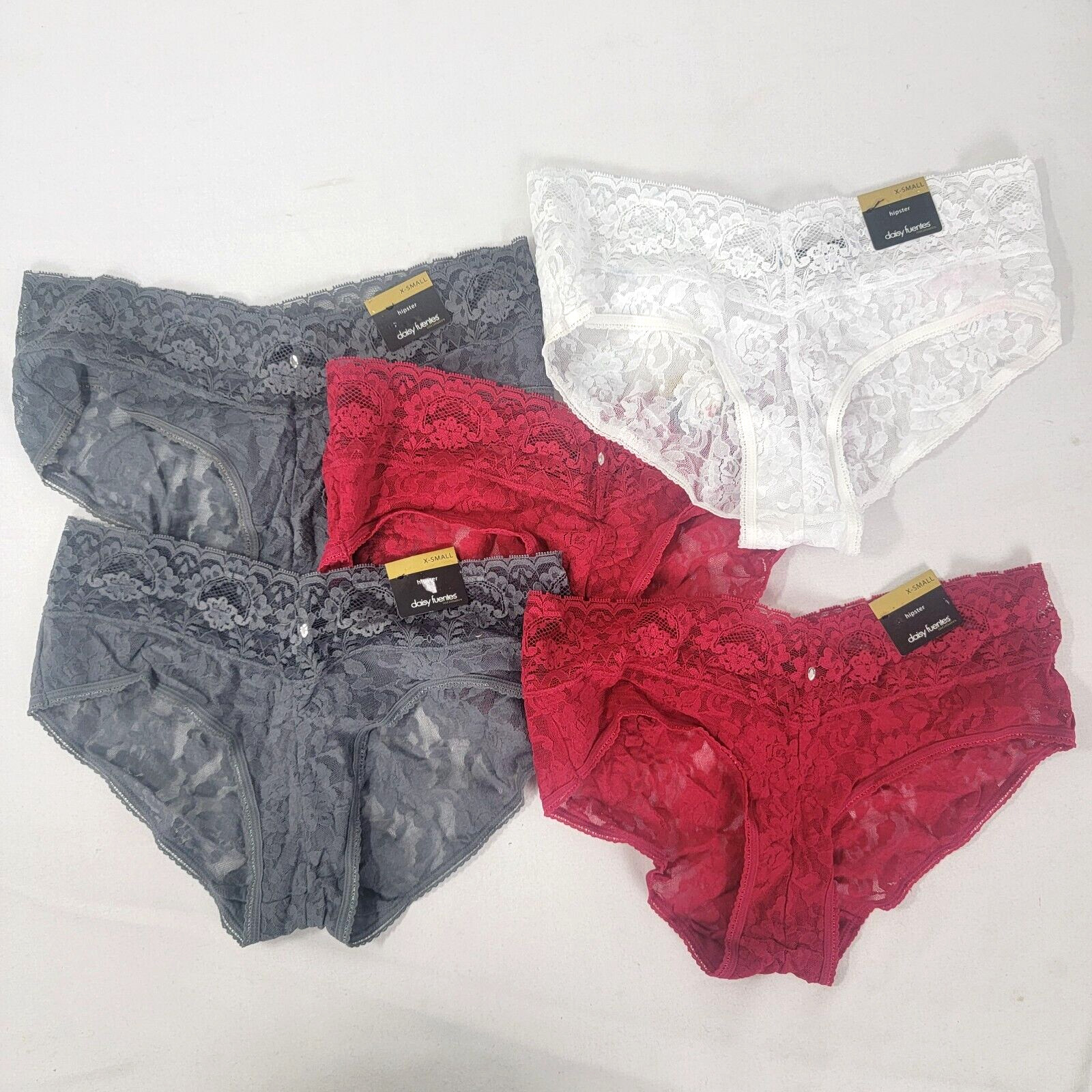 Lot of 5 Daisy Fuentes NEW Women’s HIPSTER Panties Size XS X-Small Lace Gray Red