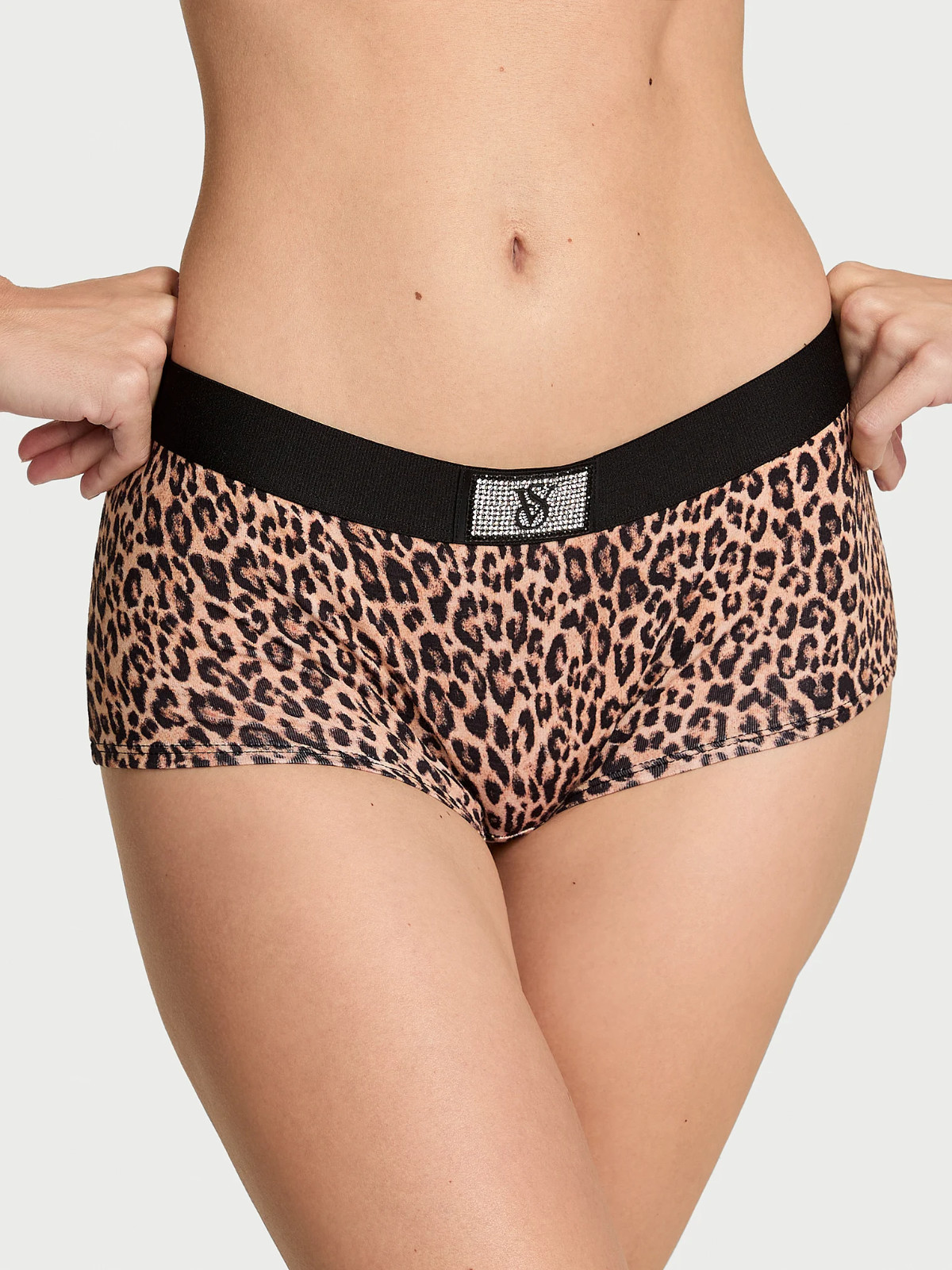 Victoria’s Secret Bling Logo Patch Boyshort Panties Natural Leopard L or XL NWT