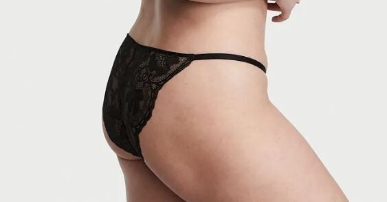 Victorias Secret Silky Black Lace Inset Cheeky Panty Size L Floral Lace Back NWT