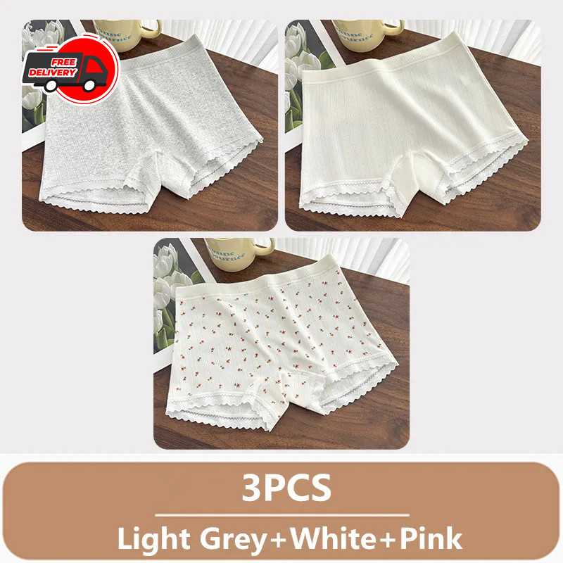 3PCS Women Thin Lace Boxer Underwear Mid Waist Breathable Comfortable Panties Se