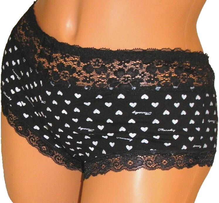 Panties Lingerie Lace Trim Black White Heart Print Hipster XL / XXL Adult Gift