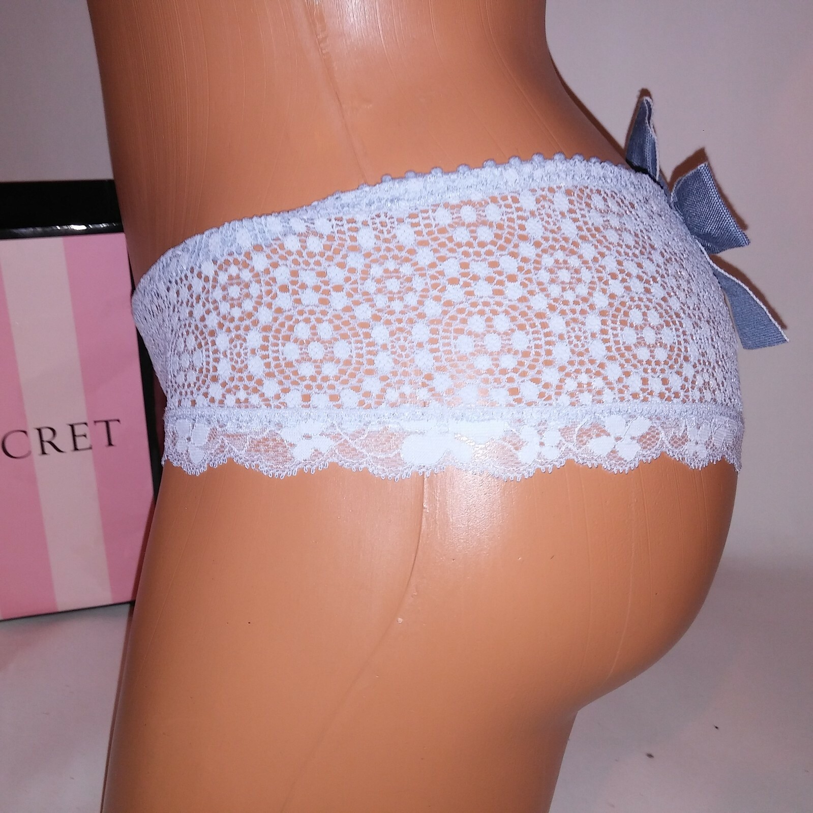Victoria Secret Panty Wide Side Thong XS Light Blue Lace Bow Back Dream Angels N