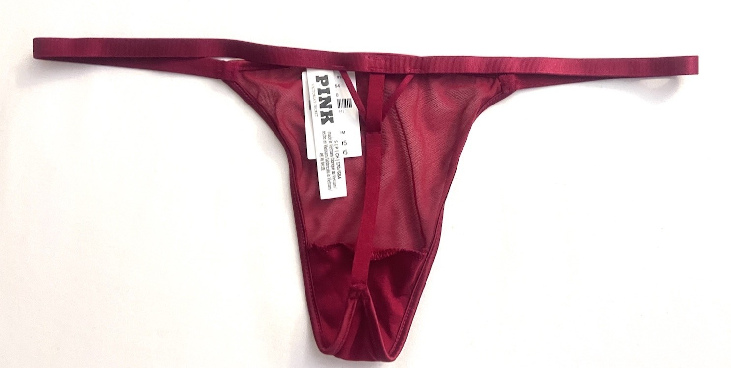 VICTORIA’S SECRET PINK RED MESH SILVER RHINESTONE STRAP V STRING PANTIES SMALL