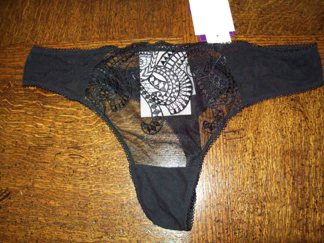 NWT SAKI SILVER 91% NYLON 9% SPANDEX THONG PANTIES w LACE P2061 BLK L