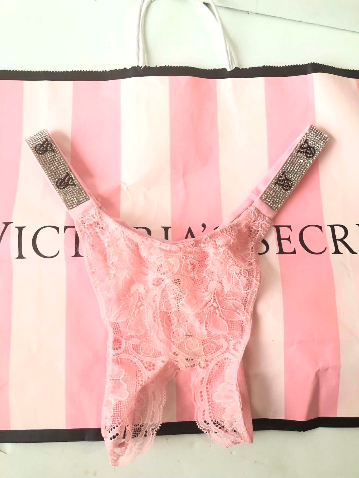 Victoria’s Secret Shine Strap Lace Crotchless Brazilian Panty Pretty Blossom NWT