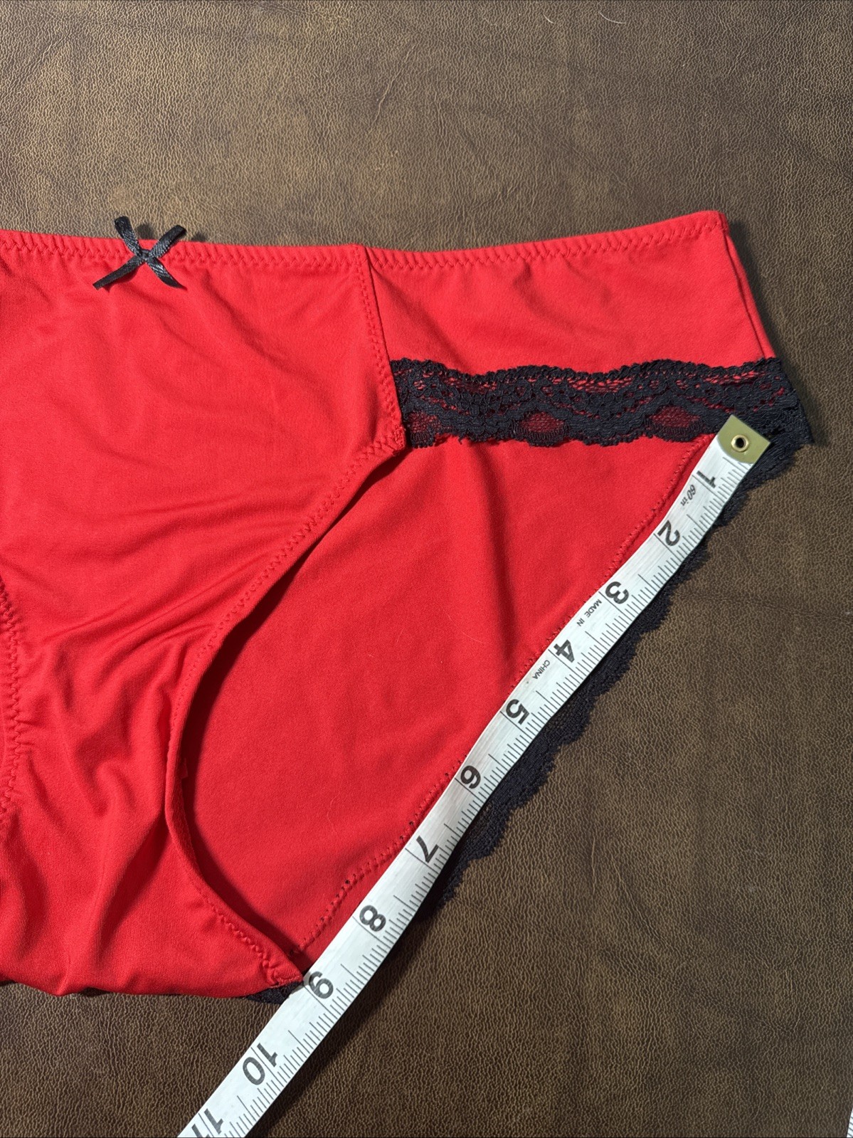 NWOT Vtg Lipstick Red Black Lace Satin Bow HI Cut Panties Underwear Sz 8 XL