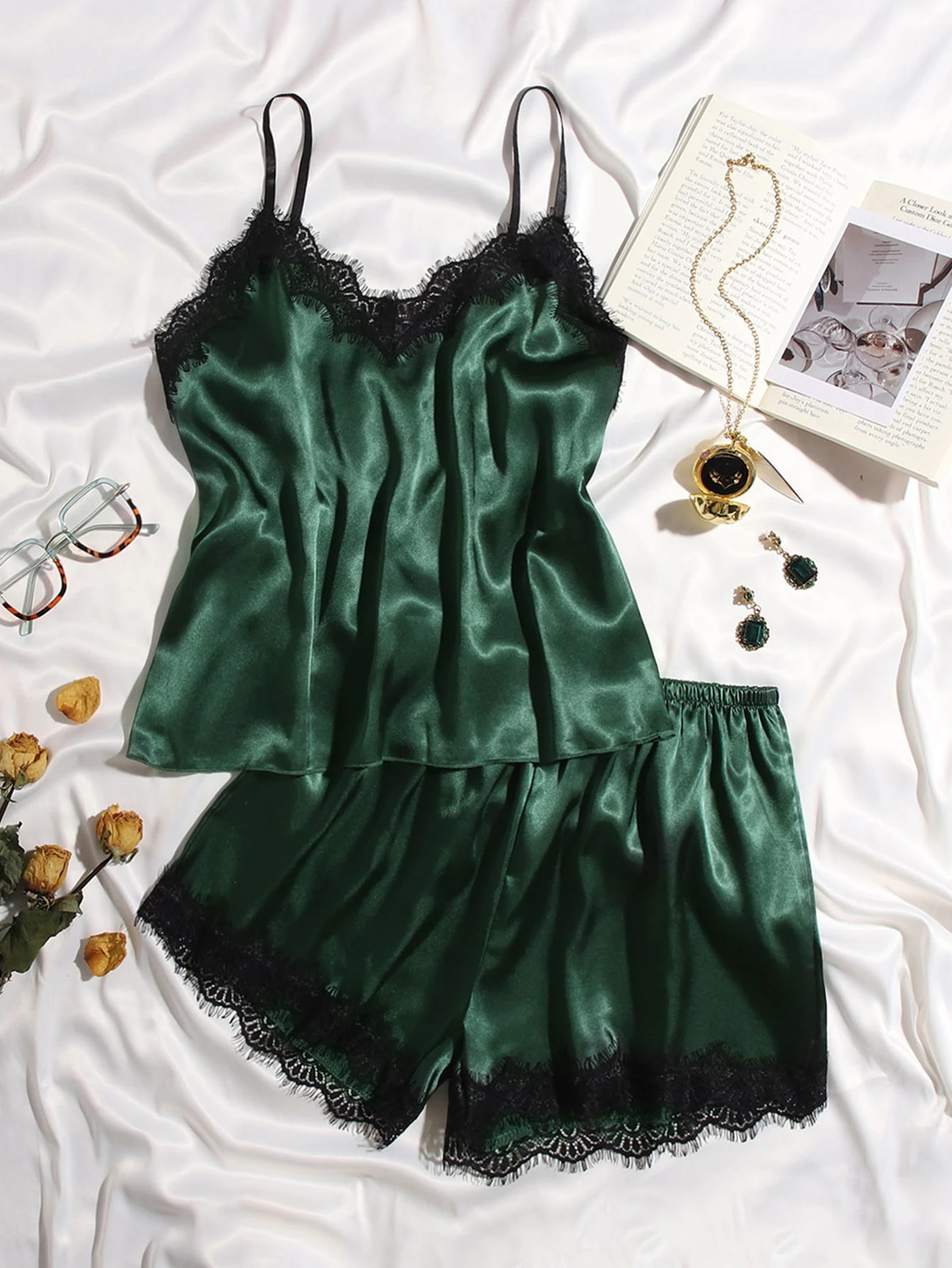 Elegant Satin Cami Top & Shorts Pyjama Set With Lace Edge Cheap24