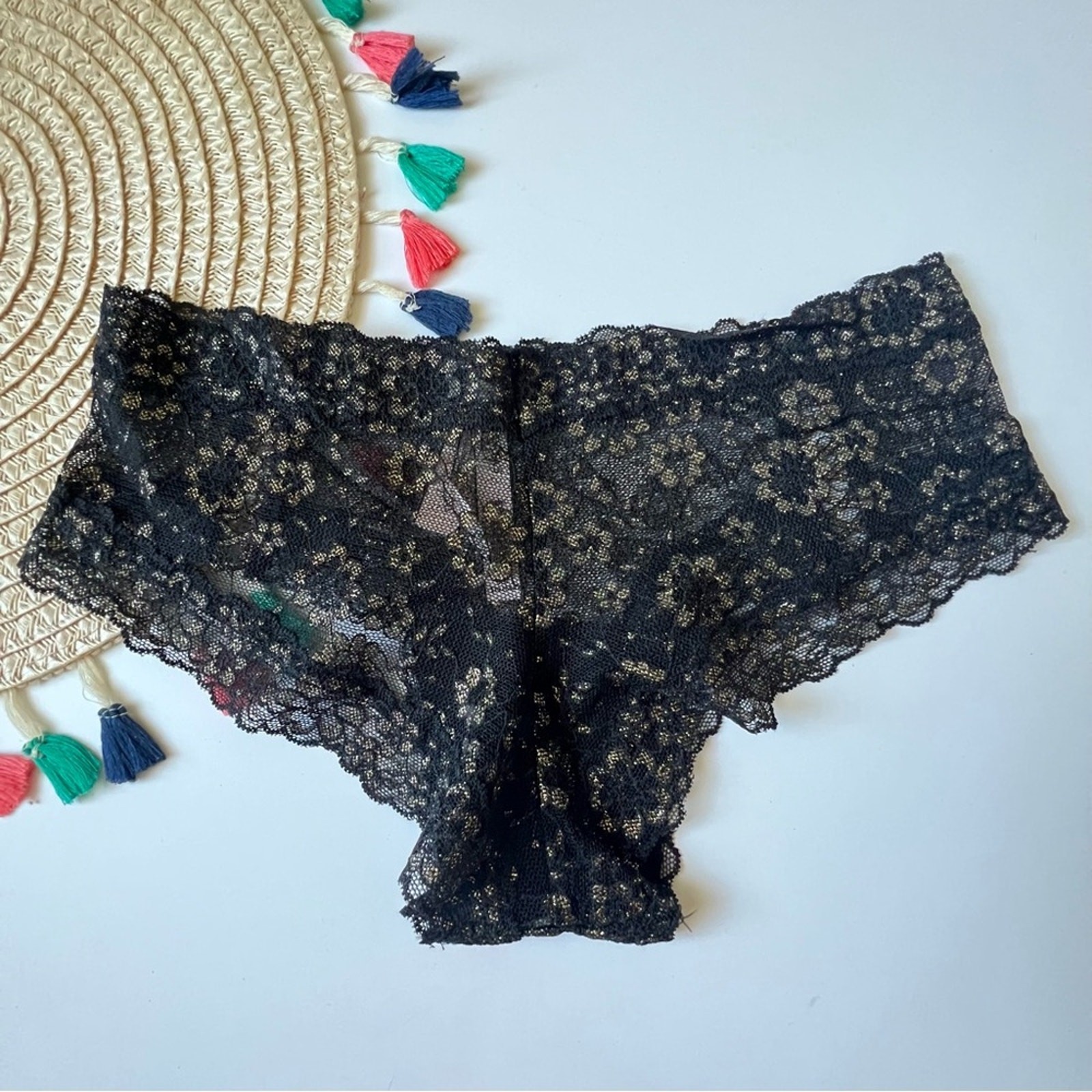 Victoria’s Secret The Lacie Shimmer Lace Up Cheeky Panty Black Small NEW