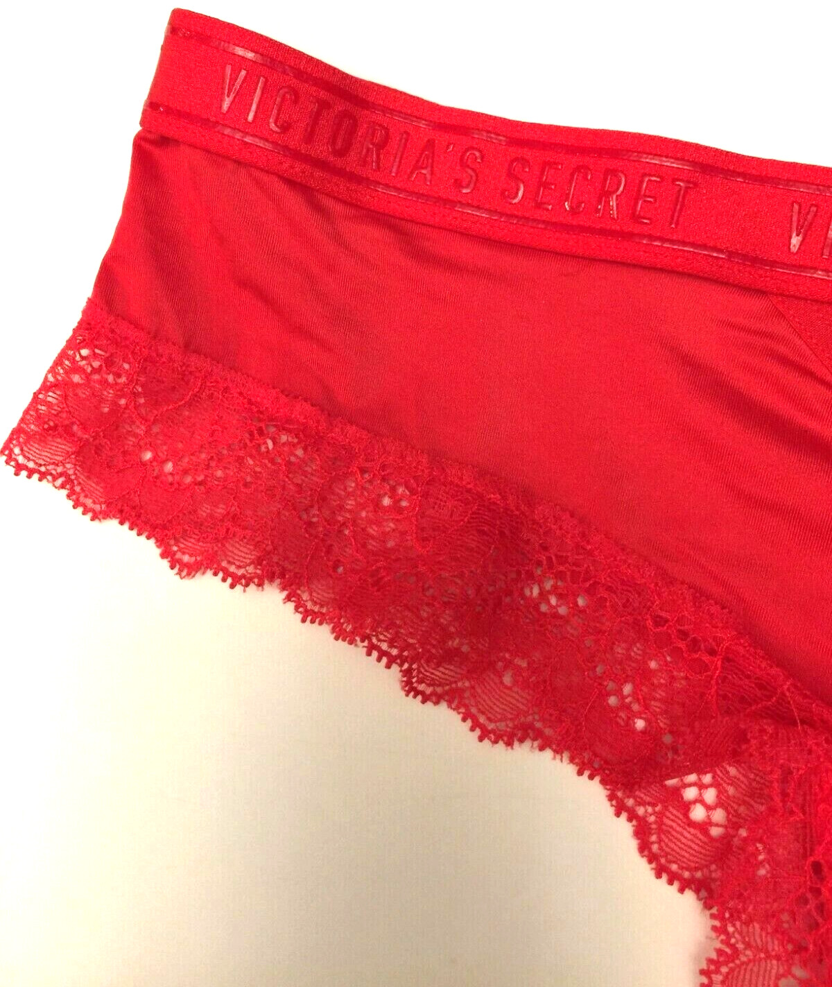 Victorias Secret Bright Cherry Red Logo Sport Band Cheeky Panty Size S Lace Trim