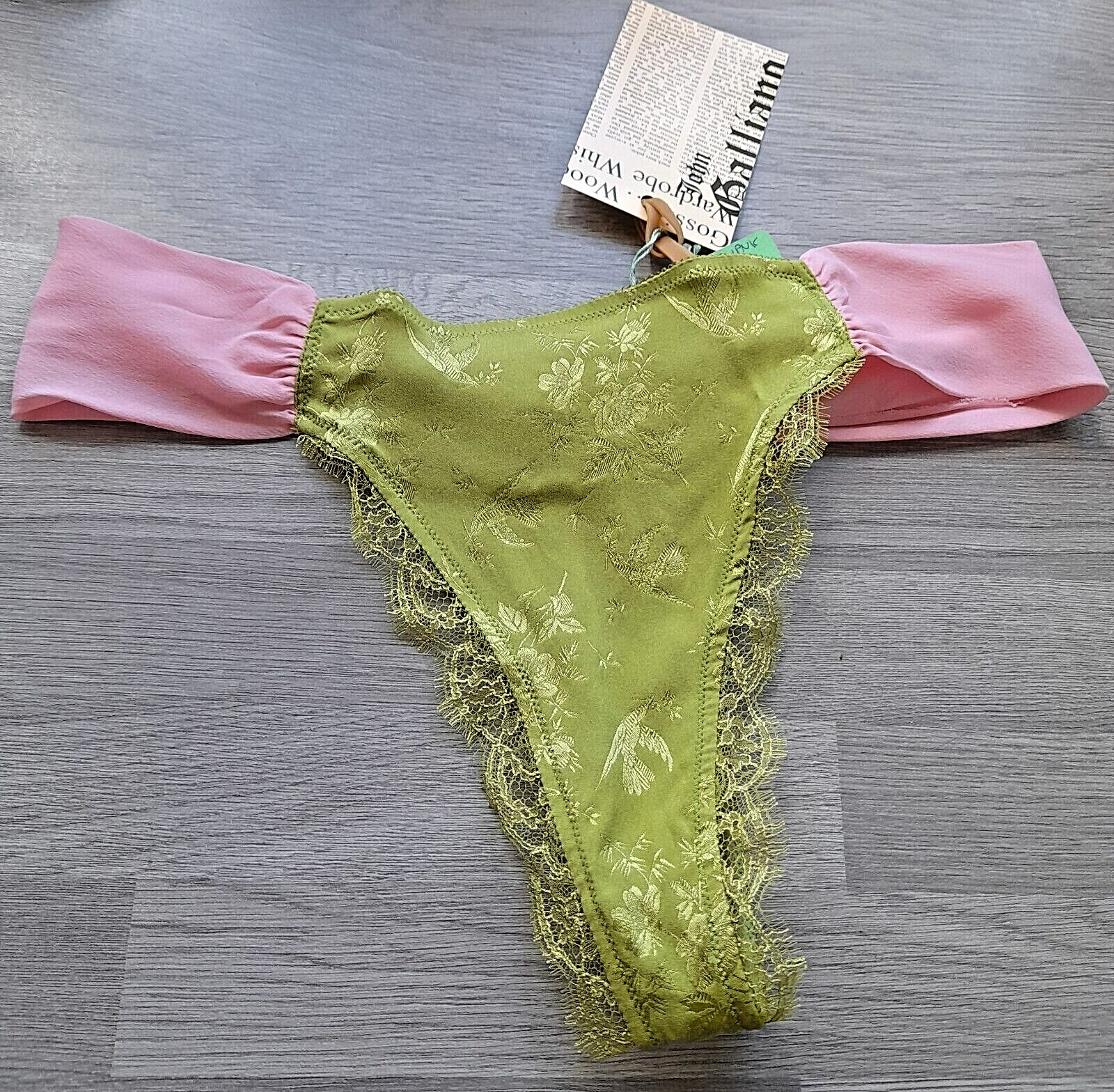 John Galliano BIJOUX Green/Pink Silk/Lace High Leg Chiffon Banded Thong