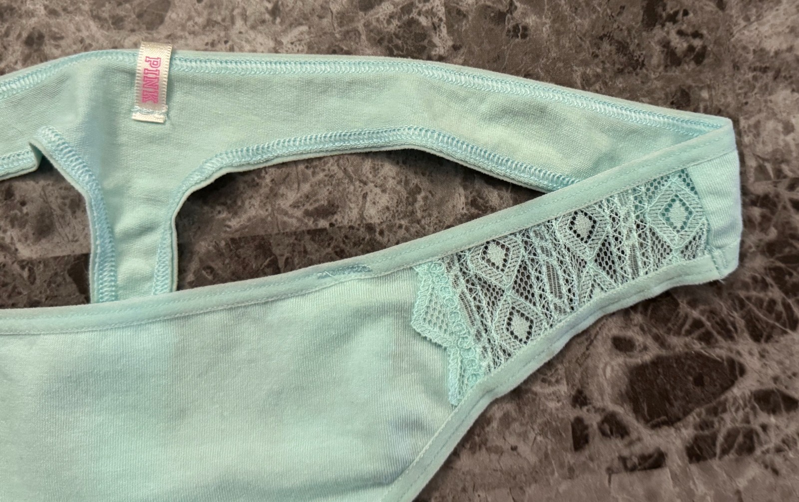 NWT VICTORIA’S SECRET PINK LARGE AQUA GEO LACE RARE THONG PANTIES *RUNS SMALL*