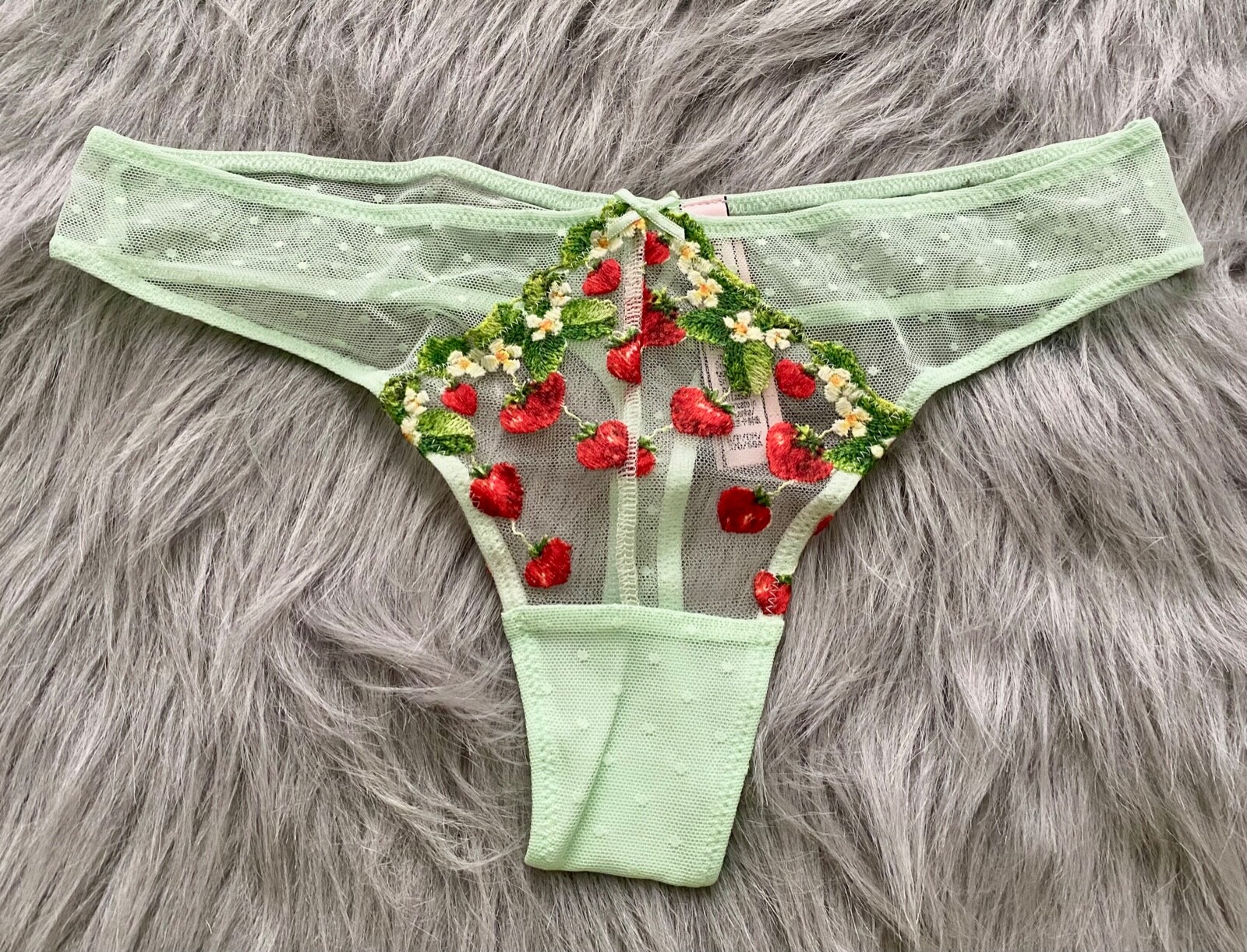 Victoria’s Secret Thong Panty Green Mesh w/ Strawberry Embroidery Sexy S M