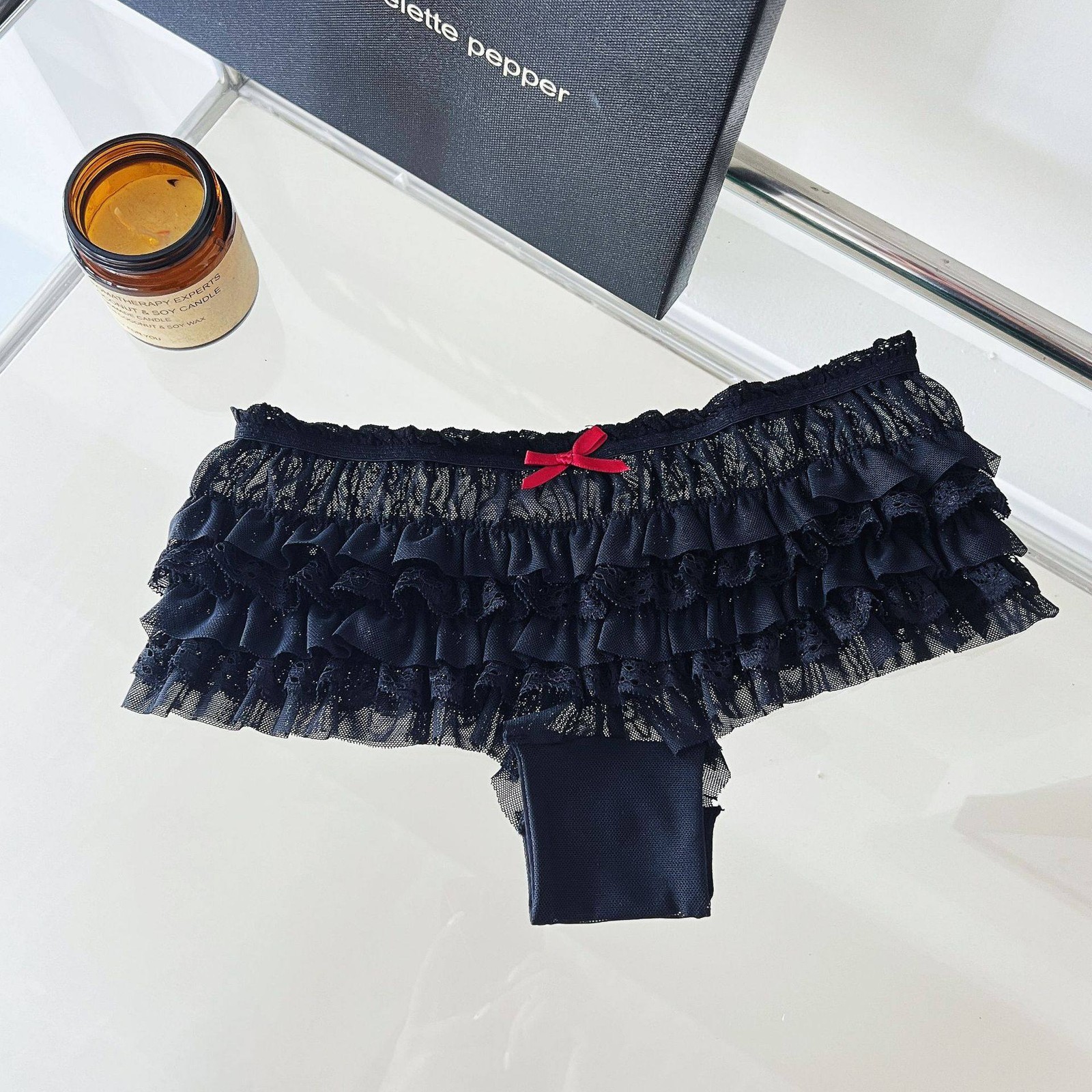 Women Lace Trim Ruffle Sexy Sweet Color Block Low Rise Triangle Panties Briefs