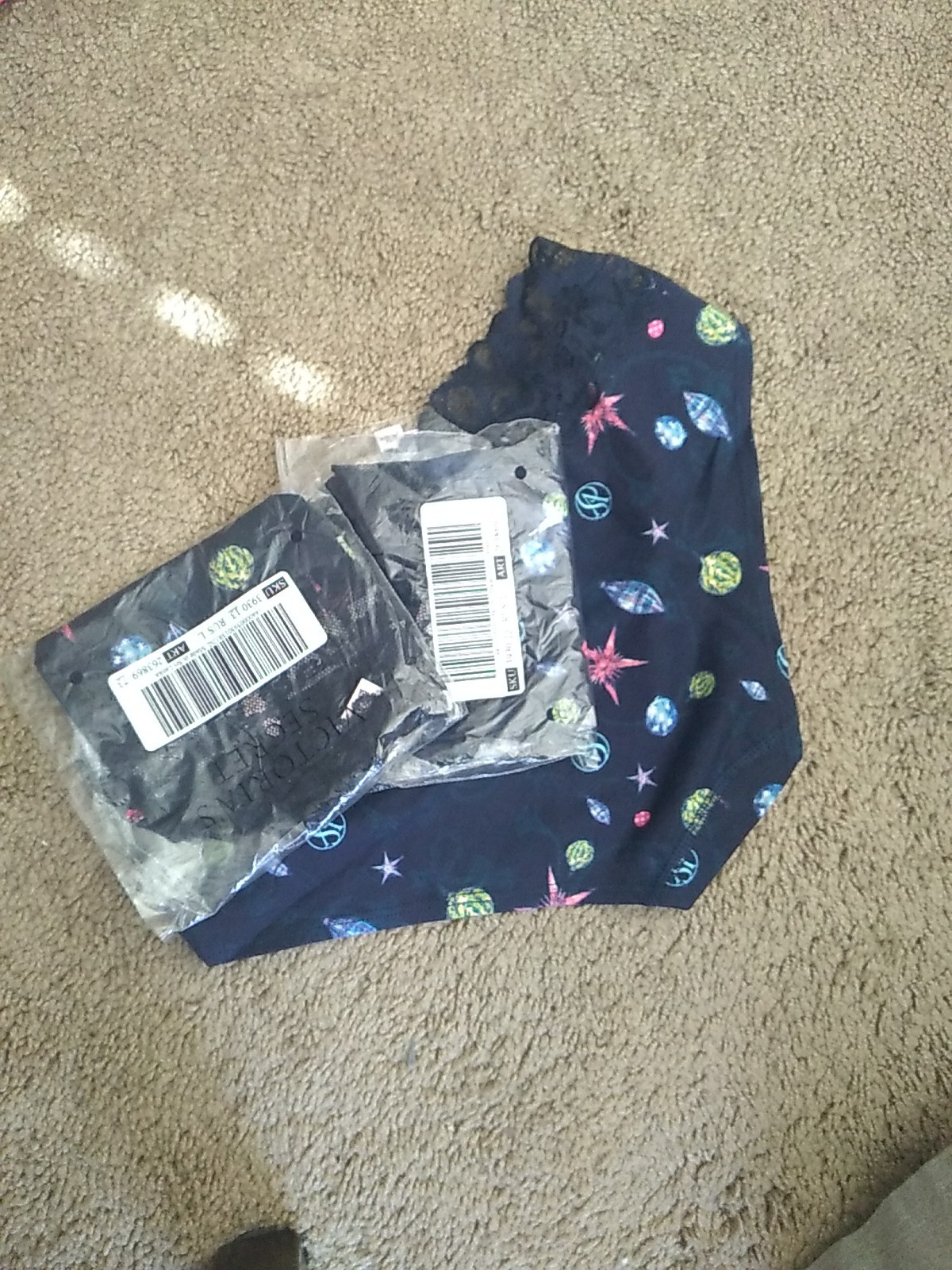 New in Package Victoria’s Secret 💖Hiphugger L Navy Multi Colored Stars Balls