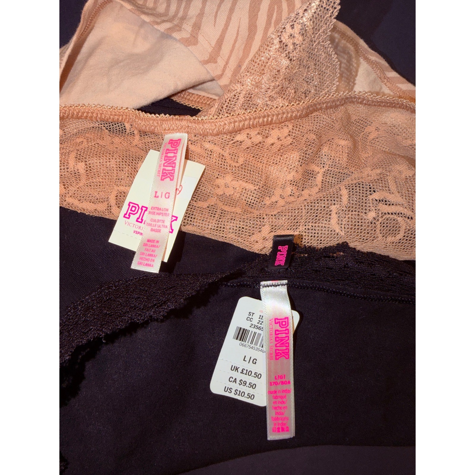 2 Victoria’s Secret PINK Panty Zebra Lace Hipster Black Lace Boyshort L