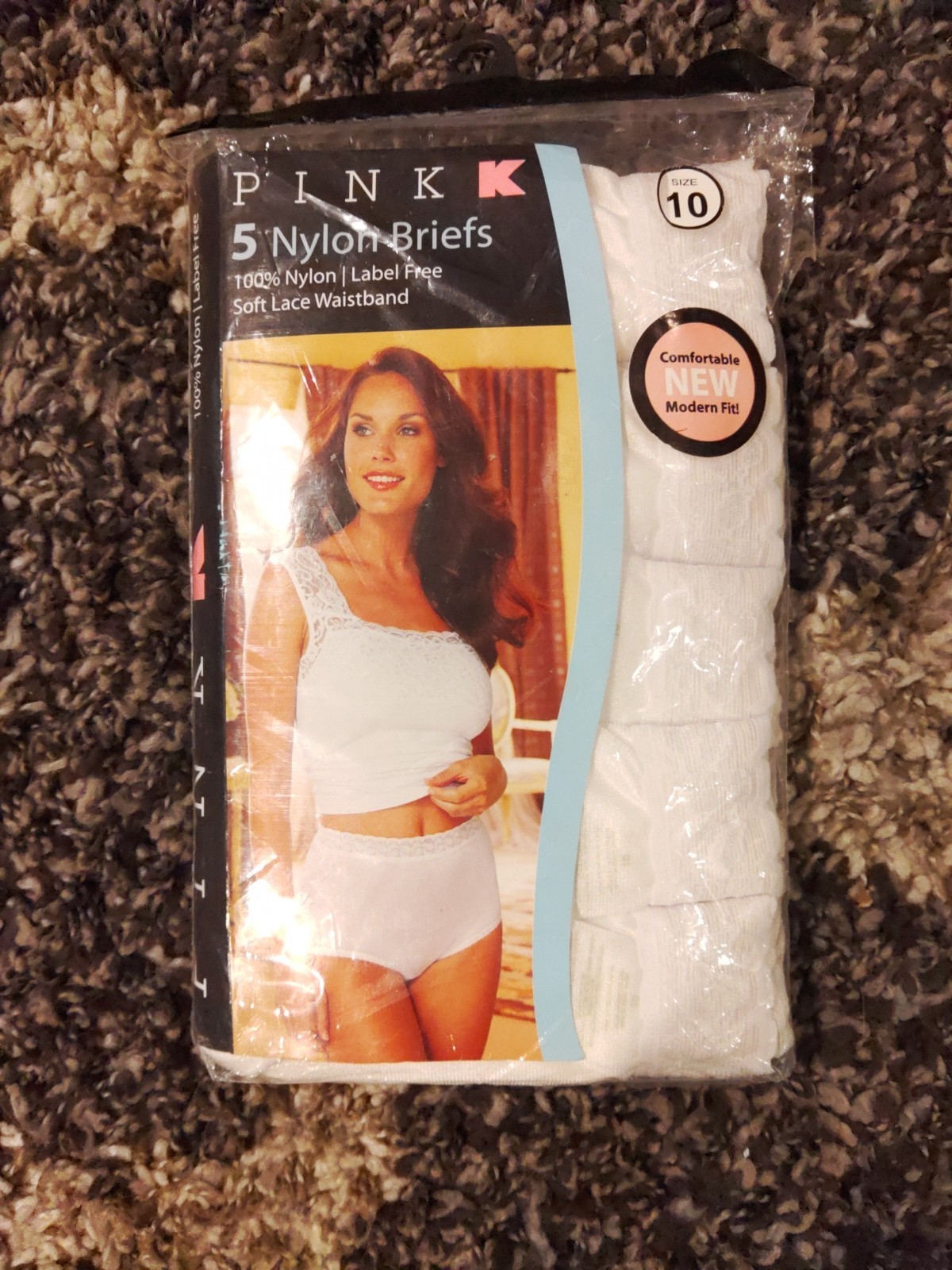 5 Pair PINK brand 100% Nylon Brief Panties, Size 10 Wide Lace White