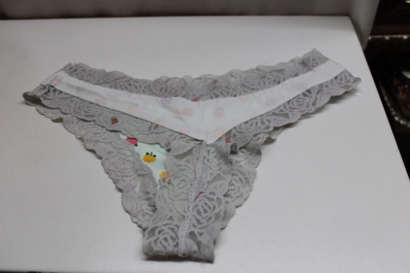 Sissy Lace Satin Cheeky Thong Panties Lightweight Shiny Stretch Violet Flowers S